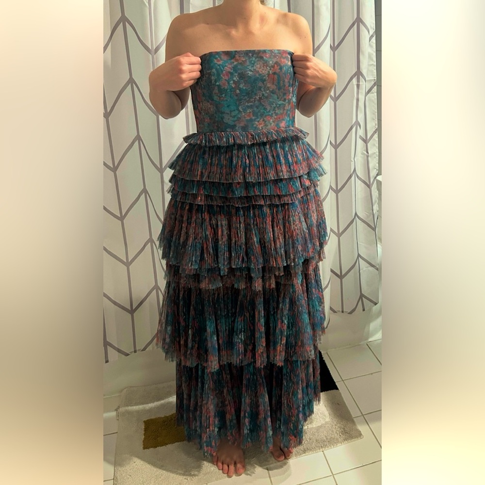 Hutch Strapless Tiered Floral Gown in Teal and Rust